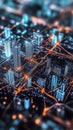 Digital cityscape showcasing smart buildings with data streams connecting them to central AI hubs visualized as glowing nodes.