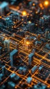 Digital cityscape showcasing smart buildings with data streams connecting them to central AI hubs visualized as glowing nodes.