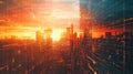 Digital cityscape during sunset representing future data network Royalty Free Stock Photo