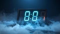 Digital Clock Displaying Time with Blue Neon Numbers and Smoke Royalty Free Stock Photo
