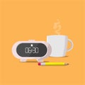 digital clock, coffee and pencil vector illustration.