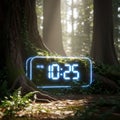 A digital clock displaying 10 25 is embedded within a forest setting Royalty Free Stock Photo