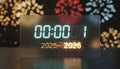 Digital clock displaying new year 2026 countdown with fireworks Royalty Free Stock Photo