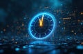 Digital clock glows blue on abstract tech background with circuits, lights. Time concept with futuristic elements. Deadline Royalty Free Stock Photo