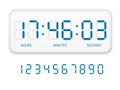 Digital clock numbers. Flat electron watch screen modern white alarm time display, timer bar font with hours, minutes