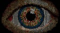 Digital close up portrait of a human eye created entirely from colorful alphanumeric code suggesting cybersecurity and data Royalty Free Stock Photo