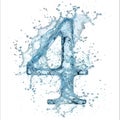 Digital close-up on white background in water spray. Number 4 made from water splashes.