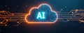 Digital cloud with AI text displays complex circuits. Orange light streams flow connecting network nodes. Abstract tech Royalty Free Stock Photo