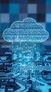 Digital cloud of binary digits over complex circuitry, data transfer theme
