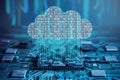 Digital cloud of binary digits over complex circuitry, data transfer theme