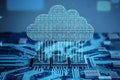 Digital cloud of binary digits over complex circuitry, data transfer theme