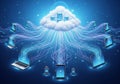 A digital cloud central above multiple electronic devices, including Royalty Free Stock Photo