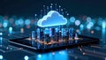 Digital cloud computing concept with a city skyline on a tablet device Royalty Free Stock Photo