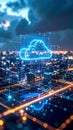 Digital Cloud Computing Concept with Cityscape and Connected Network Lines Royalty Free Stock Photo
