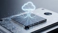 Digital cloud computing concept with data streams flowing into a microchip processor Royalty Free Stock Photo