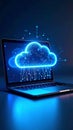 Digital cloud computing concept displayed on a laptop screen with glowing elements. Royalty Free Stock Photo