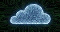 Digital cloud computing concept glowing blue cloud symbol over abstract circuit board data network Royalty Free Stock Photo