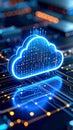 Digital cloud computing concept with glowing circuit board design and data transfer Royalty Free Stock Photo