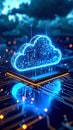 Digital cloud computing concept with glowing circuit board design and data transfer Royalty Free Stock Photo
