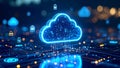 Digital cloud computing concept with glowing cloud, circuit board and security icons. Royalty Free Stock Photo