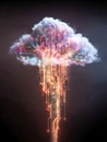 Digital cloud computing concept with glowing circuit lines flowing downward from a cloud-shaped network node against a dark Royalty Free Stock Photo