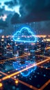 Digital cloud computing concept with glowing data lines over city skyline at night Royalty Free Stock Photo