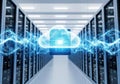 Digital cloud computing concept with glowing data servers and energy waves Royalty Free Stock Photo
