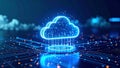 Digital cloud computing concept with glowing lines and circuit board background. Royalty Free Stock Photo