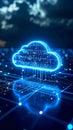 Digital cloud computing concept with glowing lines and data points against dark background Royalty Free Stock Photo