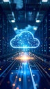 Digital cloud computing concept with glowing network lines in data center Royalty Free Stock Photo