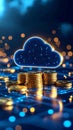 Digital cloud computing concept with gold coins and network connections on dark background Royalty Free Stock Photo
