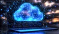 Digital cloud computing concept with a holographic cloud icon on a laptop screen Royalty Free Stock Photo