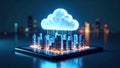 Digital cloud computing concept with illuminated city buildings on a tablet screen Royalty Free Stock Photo