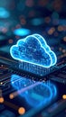 Digital cloud computing concept with illuminated cloud icon on circuit board Royalty Free Stock Photo