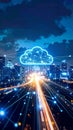 Digital cloud computing concept over cityscape with network connections and data transfer Royalty Free Stock Photo