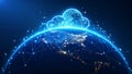 Digital cloud computing concept over a glowing Earth, representing data transfer and global network Royalty Free Stock Photo