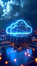 Digital cloud computing concept with server racks and glowing data connections Royalty Free Stock Photo
