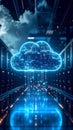 Digital cloud computing concept with server racks and glowing data streams Royalty Free Stock Photo