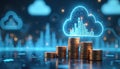 Digital cloud computing concept shows money growth. Stacks of gold coins rise with city skyline inside glowing cloud. Data Royalty Free Stock Photo
