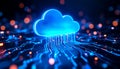 Digital cloud computing data flow abstract background with glowing blue cloud and circuitry Royalty Free Stock Photo