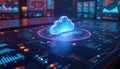 Digital cloud computing data interface. Futuristic dashboard displays network information, graphs, and analytics. Virtual cloud Royalty Free Stock Photo