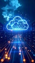 Digital cloud computing with data server racks and glowing network connections Royalty Free Stock Photo