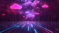 Digital cloud computing data stream with neon grid Royalty Free Stock Photo