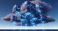 Digital Cloud Computing, Futuristic Cubes, Blue Lightning, Data Network, Futuristic Sky Royalty Free Stock Photo