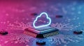 Digital cloud computing icon glowing above microchip on futuristic circuit board with electronic components Royalty Free Stock Photo