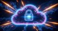 Digital cloud computing icon with padlock symbol, neon lights, binary code, data security Royalty Free Stock Photo