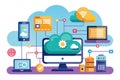 Digital cloud computing network with connected devices illustrating data sharing and management technology in a modern environment Royalty Free Stock Photo