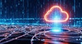 Digital cloud computing network data flow abstract futuristic technology blue orange glow Royalty Free Stock Photo