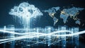 Digital cloud computing network with glowing data streams and map background Royalty Free Stock Photo