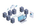 Digital cloud computing network with servers and secure data storage illustration Royalty Free Stock Photo
